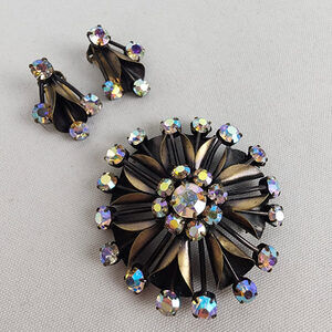 Vintage Bronze Tone AB Crystal Brooch & Clip On Earring Set